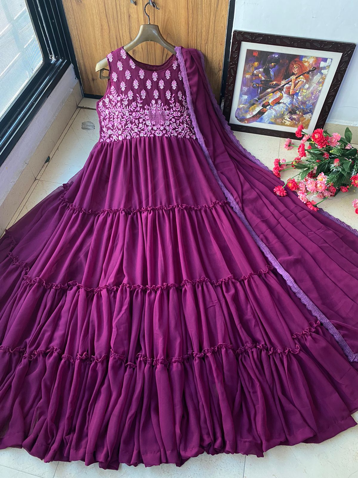 Party Wear Wine Ruffle Gown For Girls