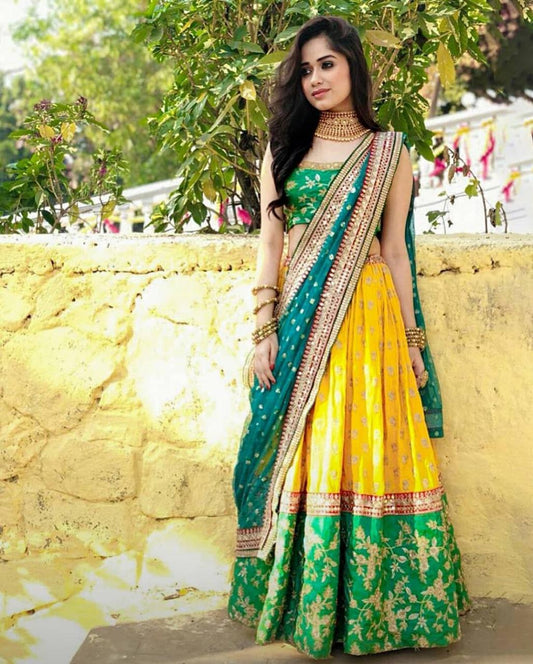 Party Wear Yellow And Parrot Green Color Lehenga Choli