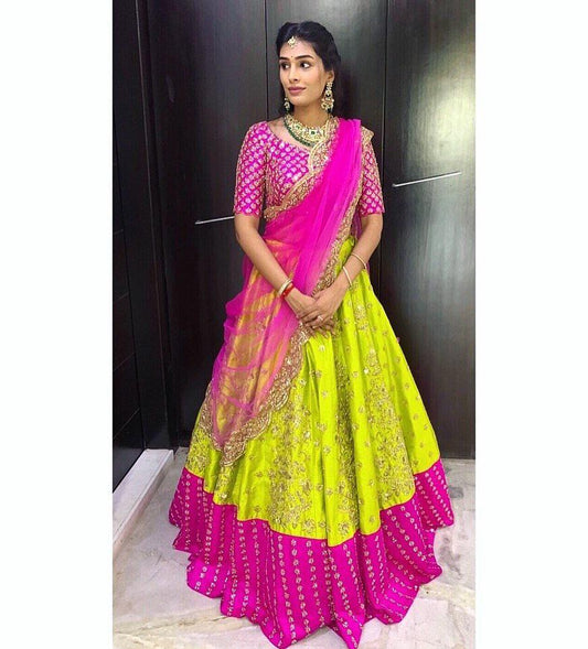 Party wearLemon Green And Pink Color Lehenga Choli