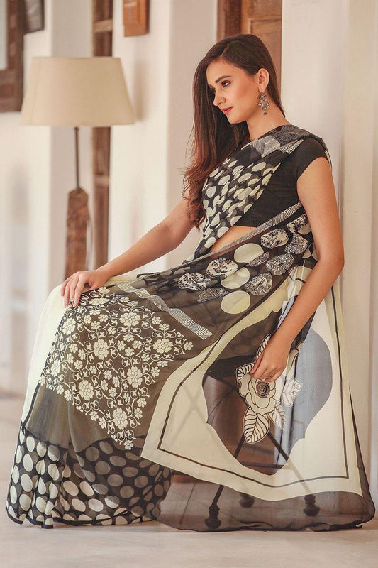 Black And White Printed Saree Design