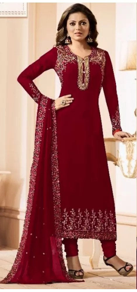 Drasht Dhami Designer red Color Embroidered Work Straight Salwar Suit