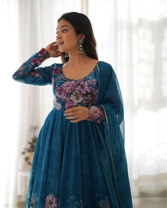 Pure Organza Anarkali Suit with Floral Print