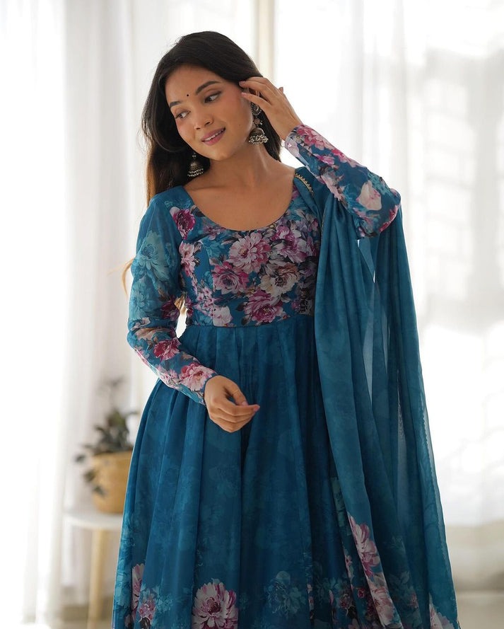 Pure Organza Anarkali Suit with Floral Print