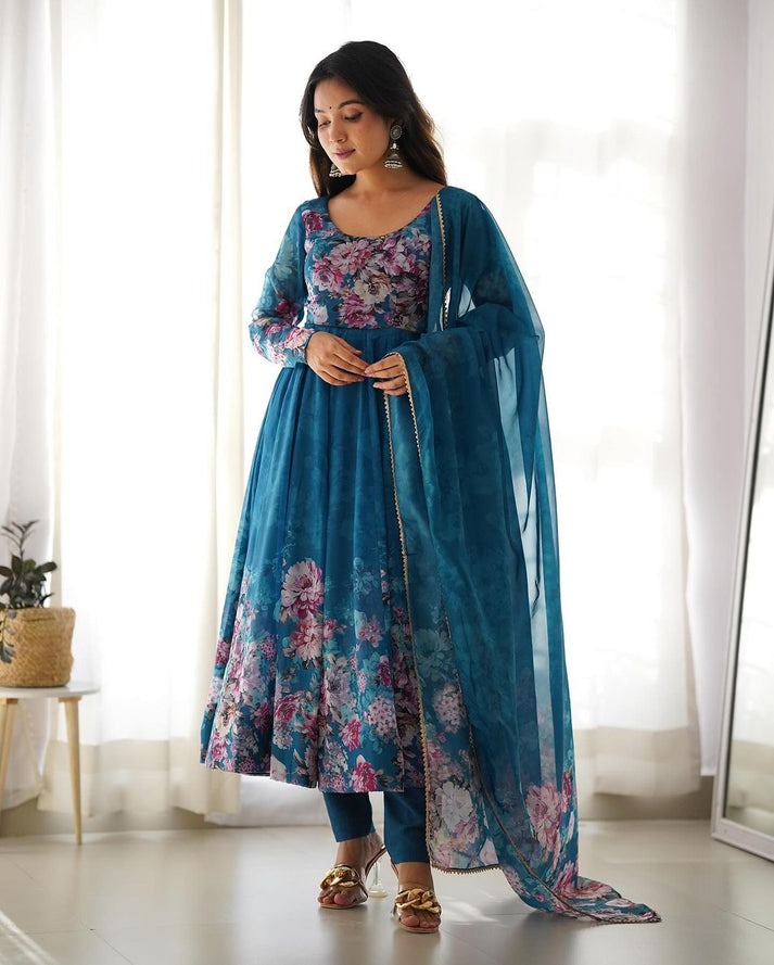 Pure Organza Anarkali Suit with Floral Print