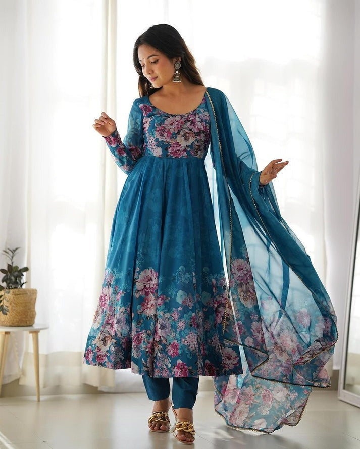 Pure Organza Anarkali Suit with Floral Print