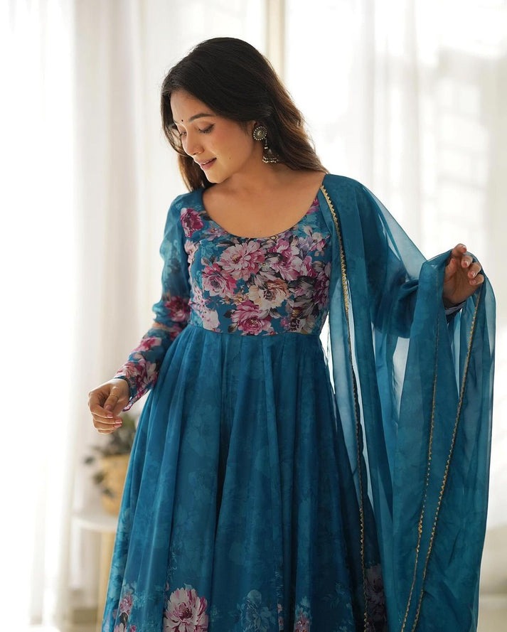 Pure Organza Anarkali Suit with Floral Print