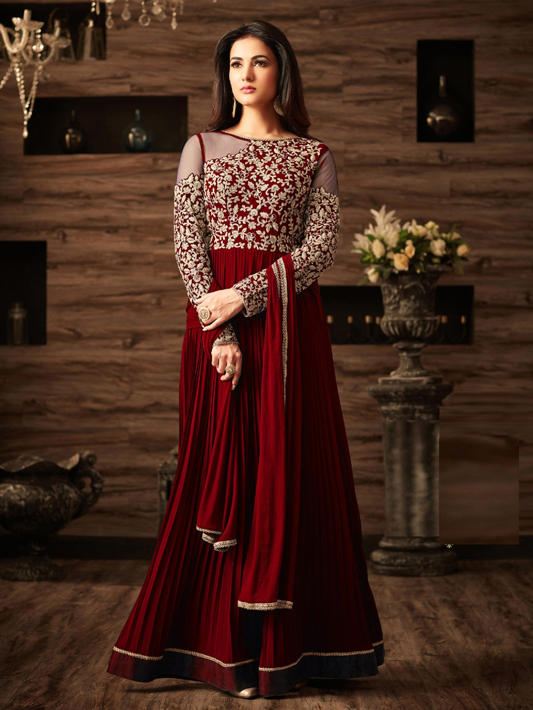 Sonal chauhan Designer Maroon Faux Georgette Festive Wear Anarkali  Salwar Kameez