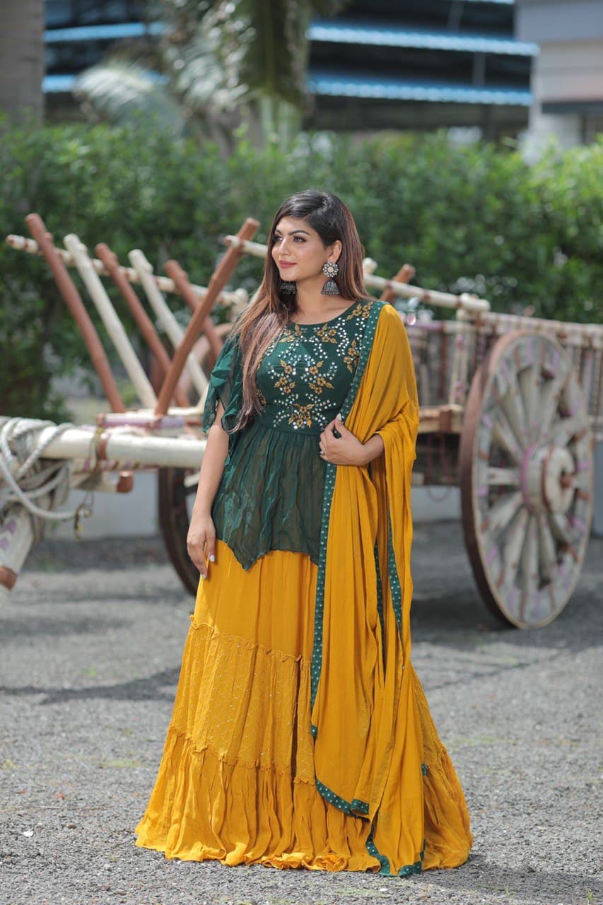 Stylish Yellow And Green Online Top Lehenga With Mirror Work