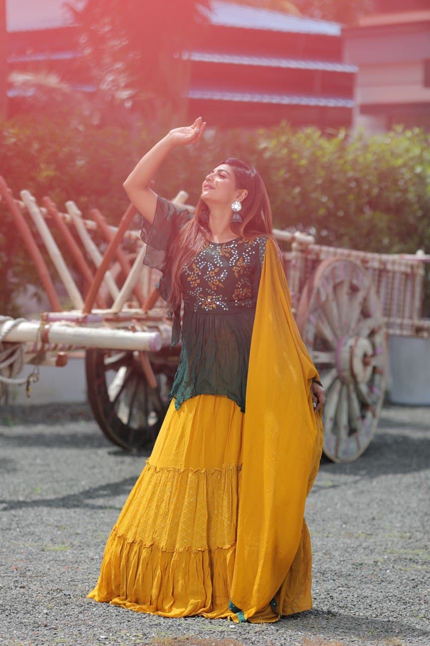 Stylish Yellow And Green Online Top Lehenga With Mirror Work