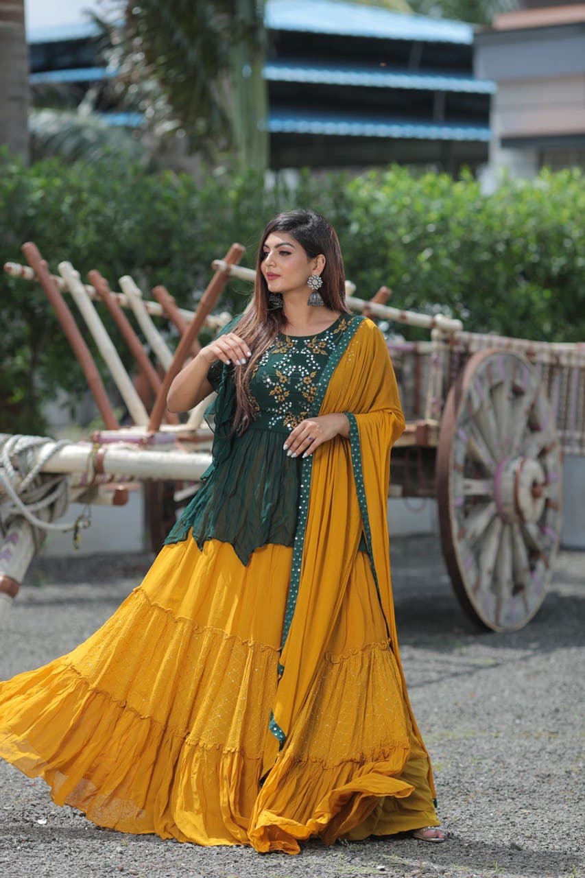 Stylish Yellow And Green Online Top Lehenga With Mirror Work