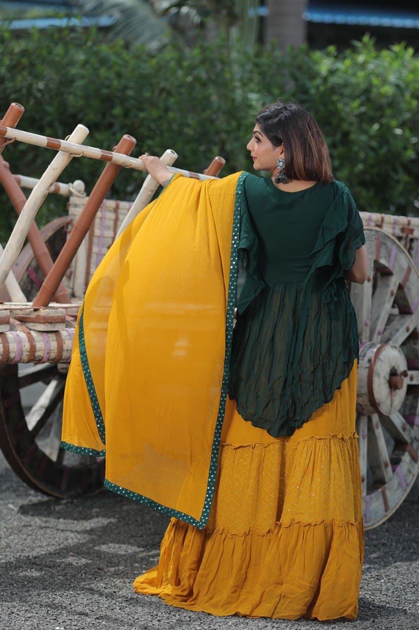 Stylish Yellow And Green Online Top Lehenga With Mirror Work