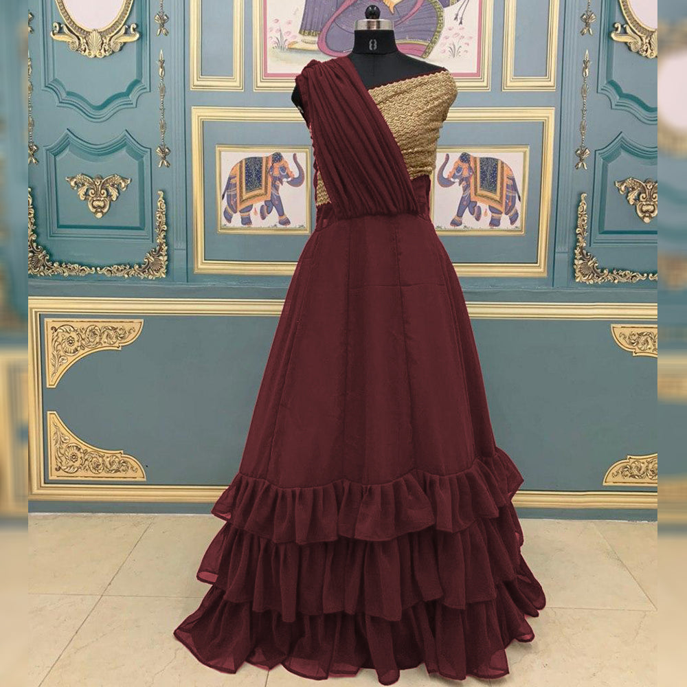 Ethnic Special Maroon Color Ruffle Gown