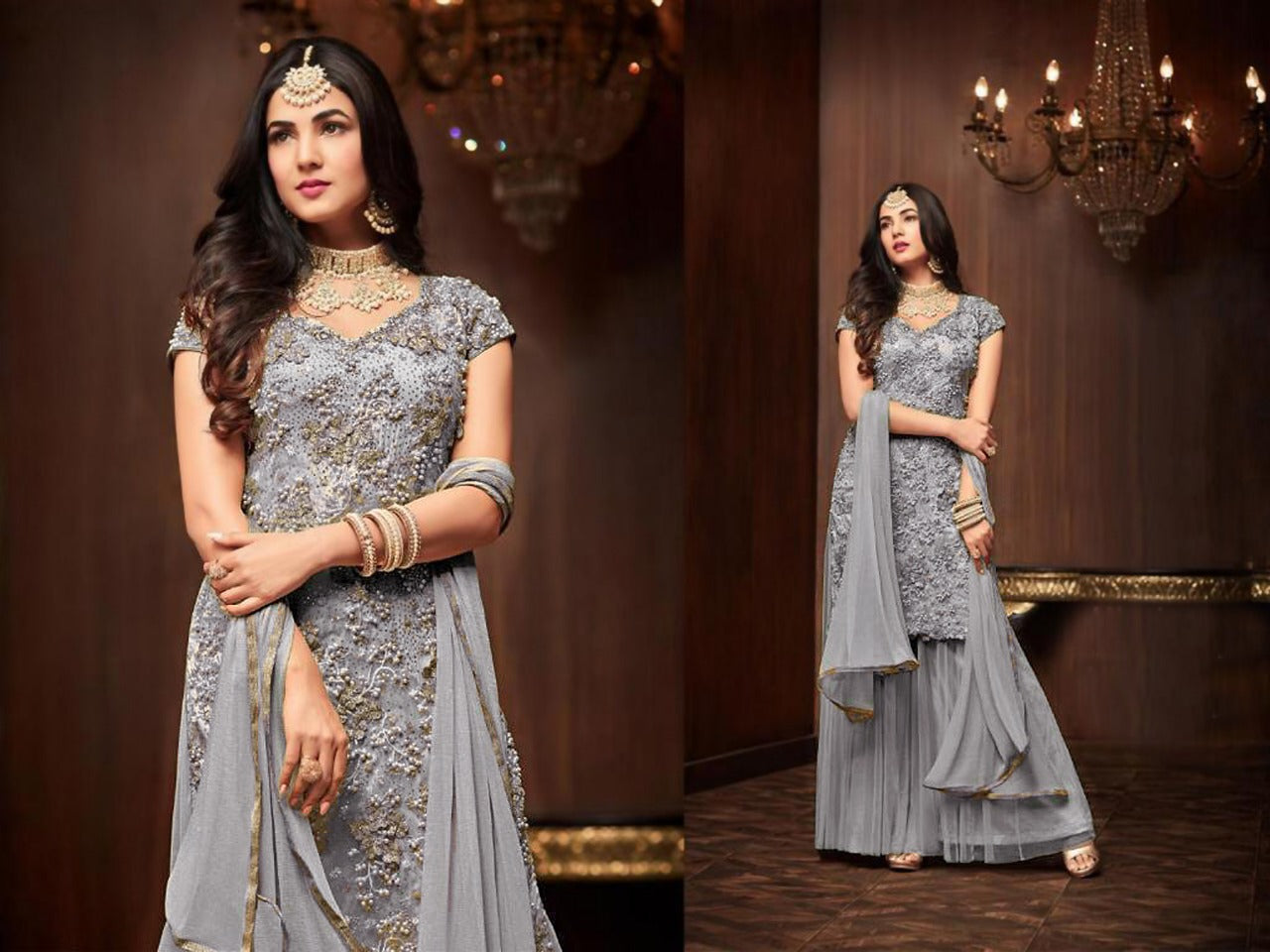 Latest New Gery Color Heavy Net Party Wear Sharara Suit