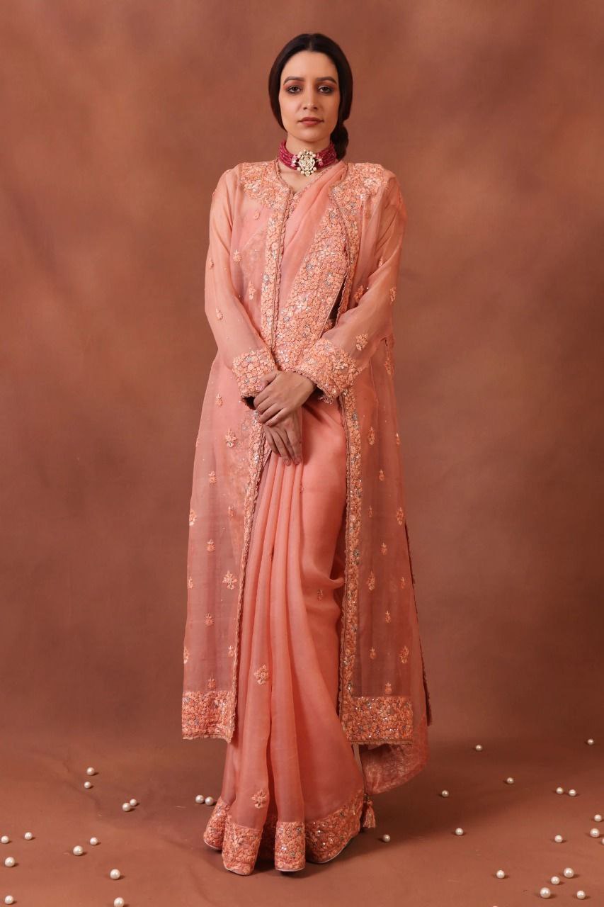 Peach Pure Silk Organza Open Saree