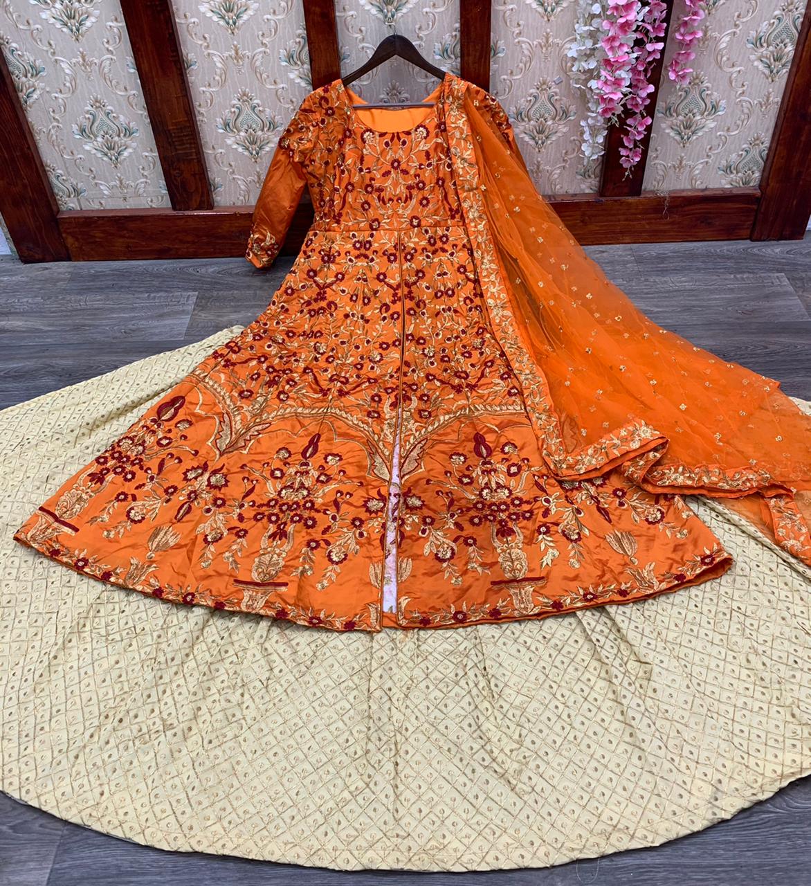 Wedding Wear Orange Embroidered Designer Long Top With Lehenga