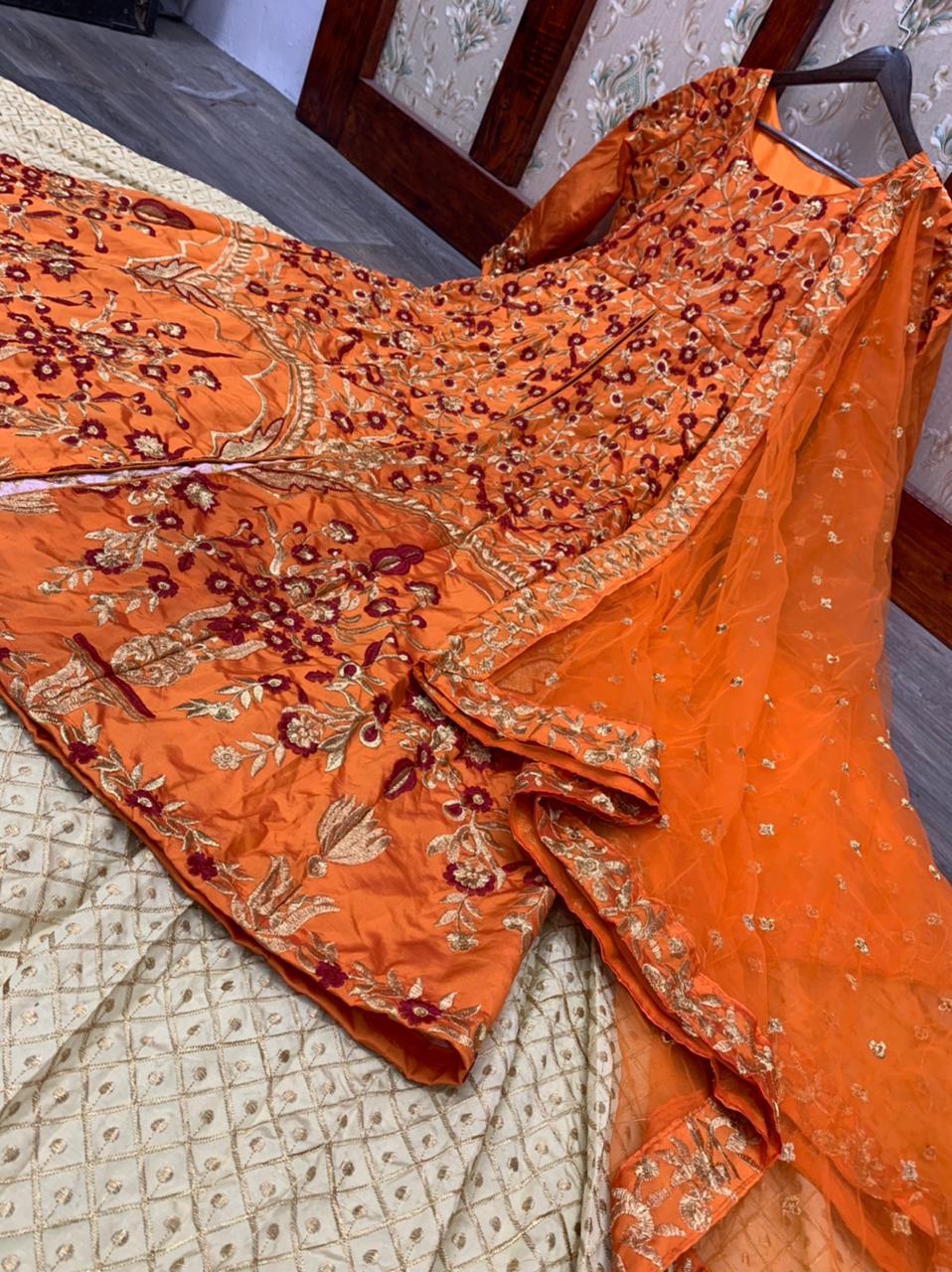 Wedding Wear Orange Embroidered Designer Long Top With Lehenga