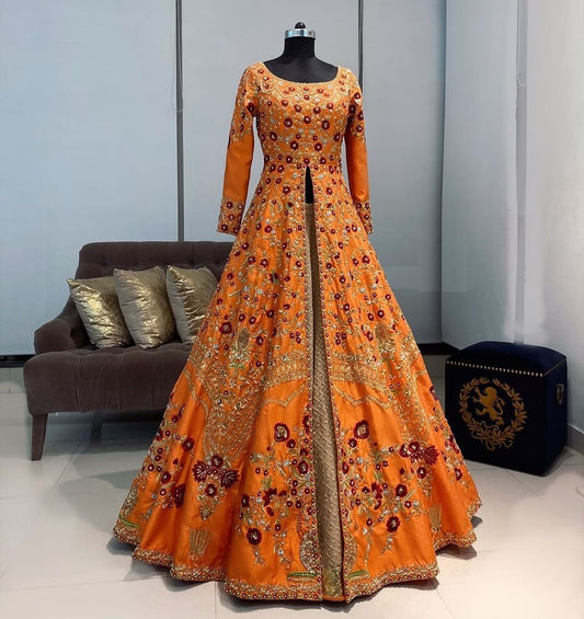 Wedding Wear Orange Embroidered Designer Long Top With Lehenga