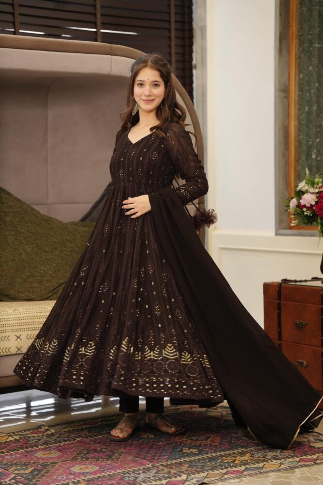 STYLISH BLACK COLOR SEQUENCE THREAD WORK ANARKALI GOWN