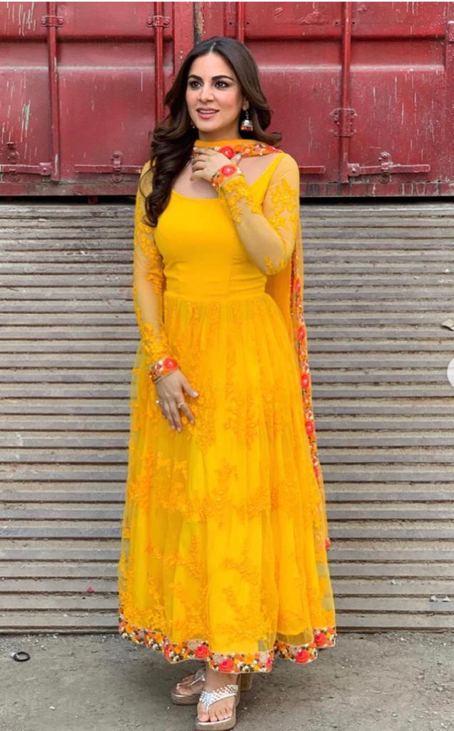 Yellow Color Net Gown With Dupatta