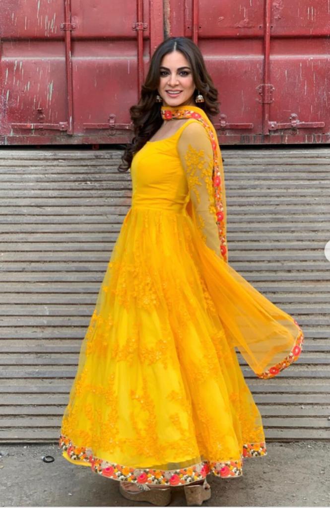 Yellow Color Net Gown With Dupatta