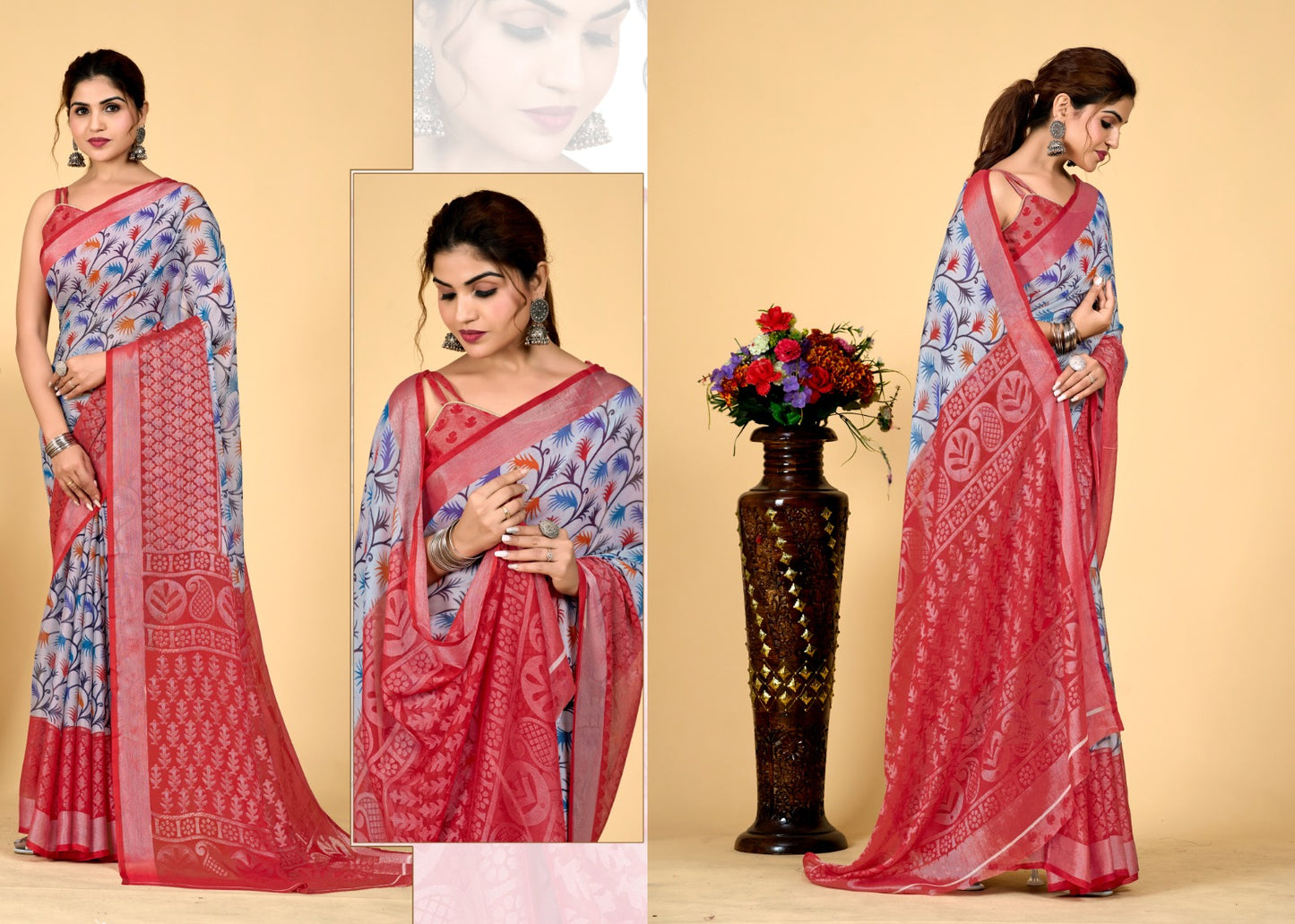 Scarlet-White Floral Printed Zari Brasso Saree