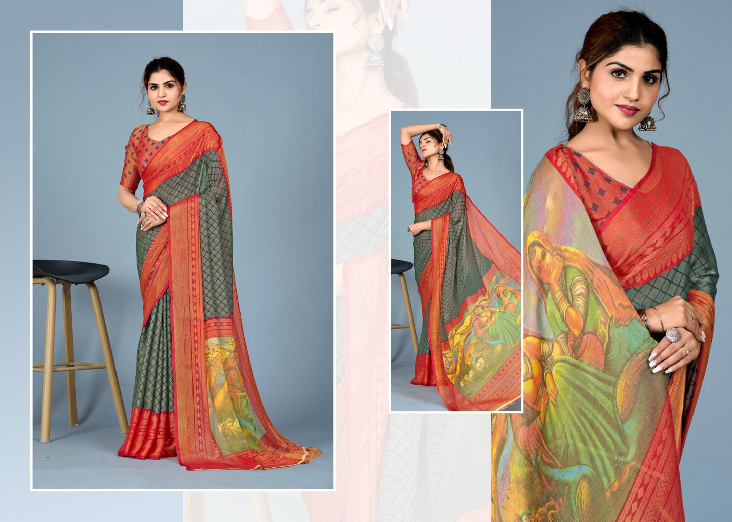 Designer Women's Chiffon Brasso Printed Grey and Orange Saree with Blouse