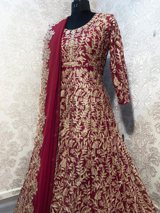 Wedding Wear Red Heavy Long Gown With Dupatta