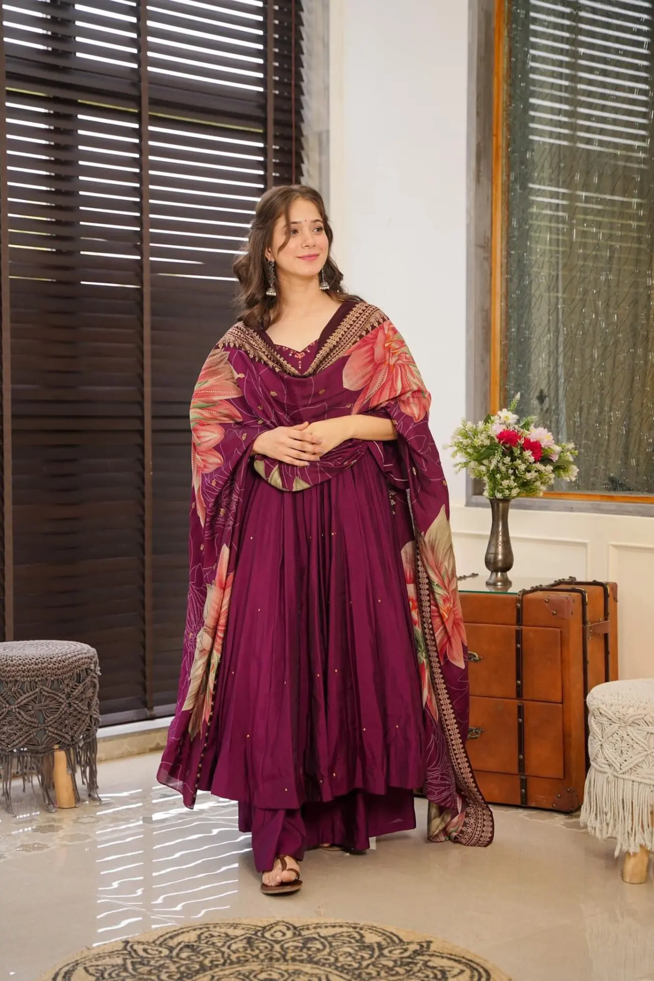 Embroidered Gown-Plazzo And Dupatta Set