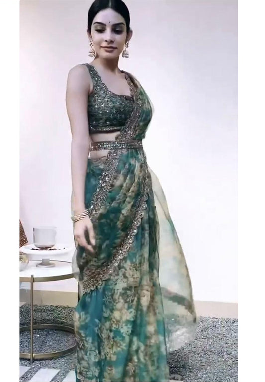 Fabulous Green Organza Party Wear Saree With Belt