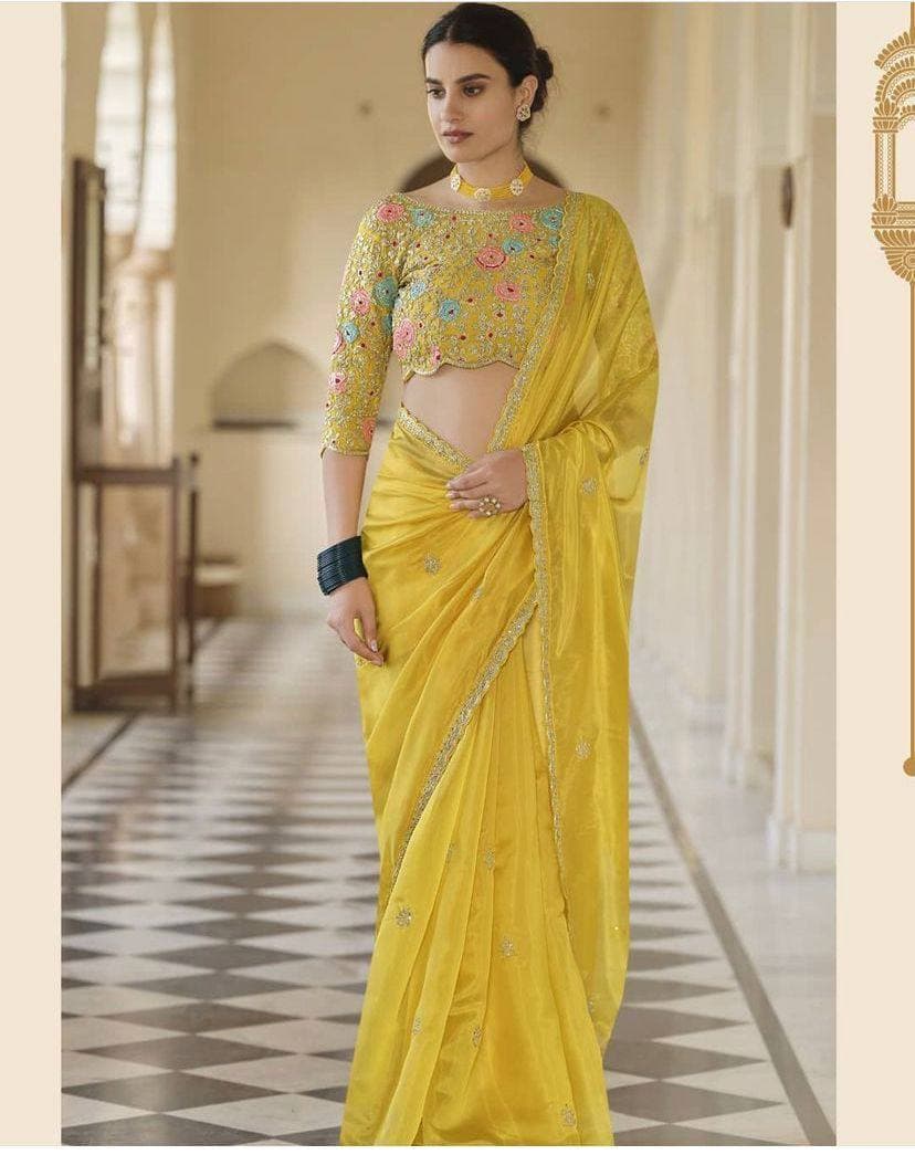 Yellow Banglori Silk Saree For Women