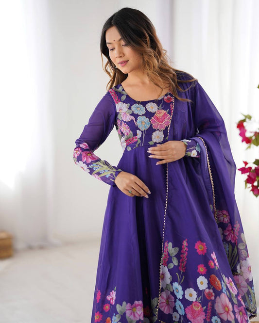 Vibrant Purple Floral Anarkali Suit with Printed Dupatta Charm