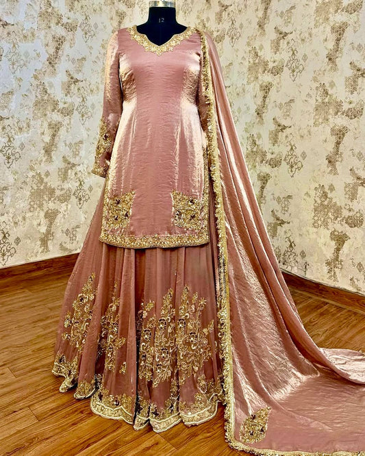 Dusty Rose Hand-Embroidered Silk Lehenga with Long Kurti Dupatta