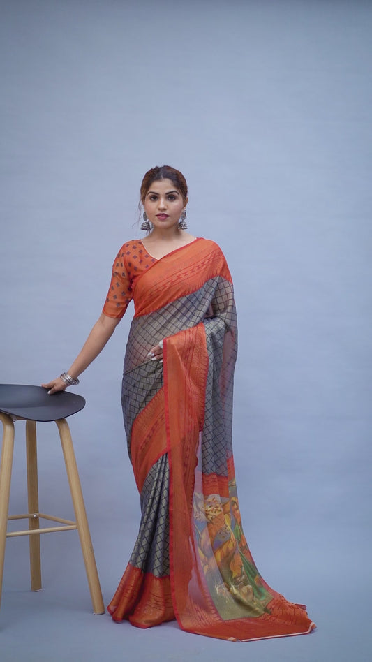 Designer Women's Chiffon Brasso Printed Grey and Orange Saree with Blouse