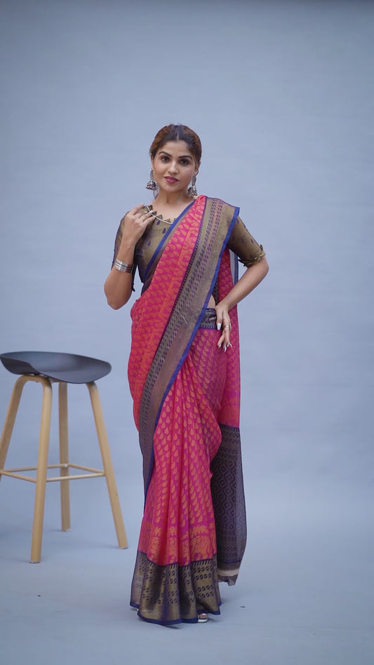 Chiffon brasso tilak print jhaler saree with border colour matching Unstitched blouse