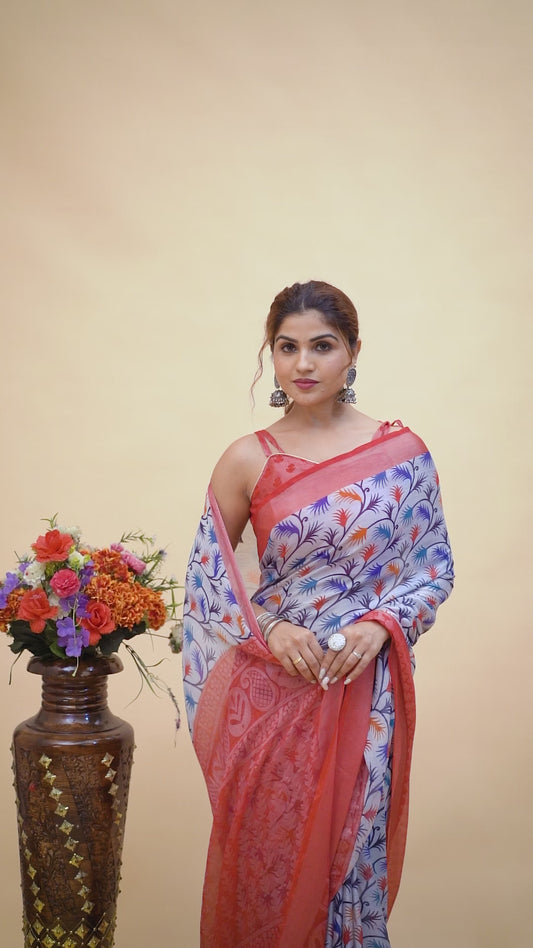 Scarlet-White Floral Printed Zari Brasso Saree